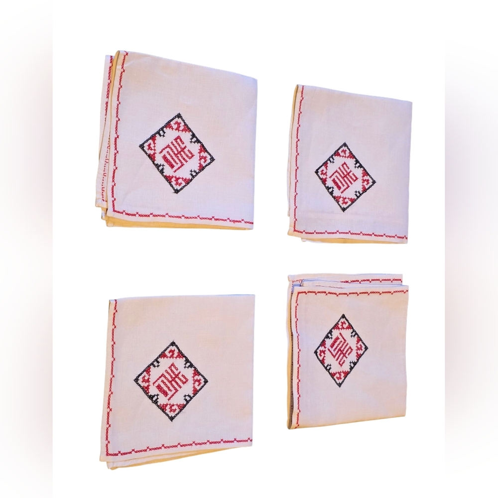 Vintage Handmade Chinese Crossstich Napkins Set Of 4  White, Black & Red 10.5" - Picture 3 of 5